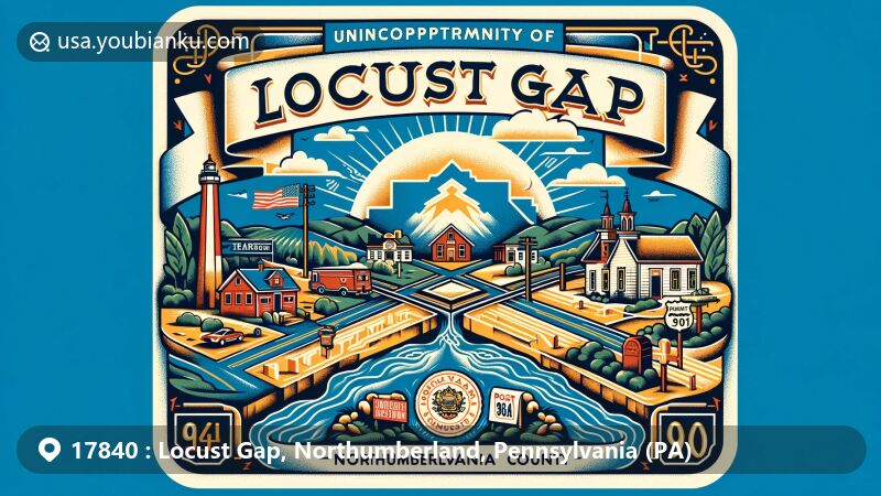 Colorful illustration of Locust Gap, Northumberland County, Pennsylvania, with postal code 17840, highlighting state flag, local roads, and vintage postcard theme.