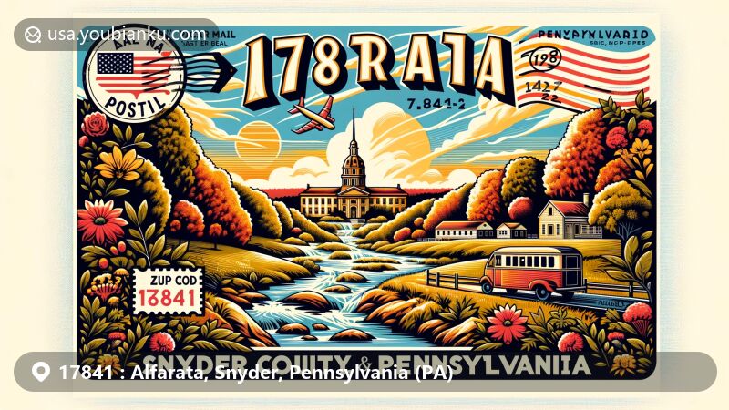 Modern illustration of Alfarata area, Snyder and Mifflin counties, Pennsylvania, featuring postal theme with ZIP code 17841, iconic Pennsylvania symbols, vintage postcard border, and vibrant colors.