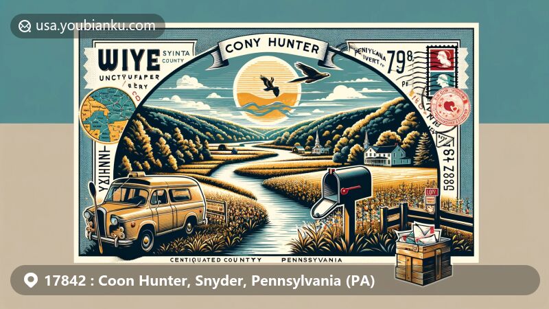 Modern illustration of Coon Hunter, Snyder, Pennsylvania, showcasing postal theme with ZIP code 17842, featuring Susquehanna River Valley scenery and Snyder County map outline.
