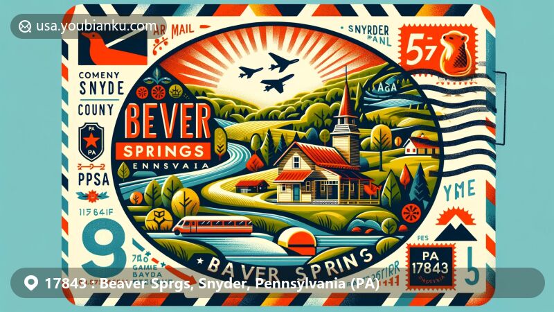 Modern illustration of Beaver Springs, Snyder County, Pennsylvania, featuring ZIP code 17843 and creative postal design with air mail border, vintage stamps, and 'Beaver Springs, PA 17843' postmark, incorporating Pennsylvania symbols.