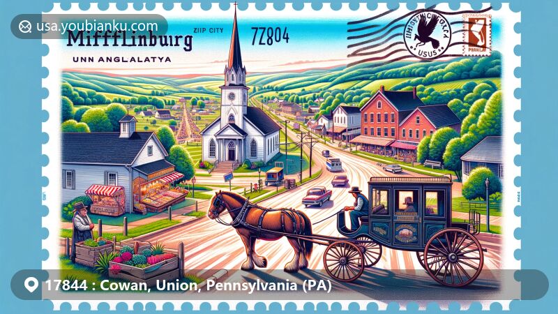 Modern illustration of Cowan, Union County, Pennsylvania, featuring postal and historical elements, Trinity Lutheran Church, rural landscape, Mifflinburg as 'Buggytown, USA,' Christkindl Market, lush greenery, vintage postal stamp, old-fashioned postbox, and postal carrier with horse-drawn buggy, capturing the region's charm and historical richness in a contemporary style.