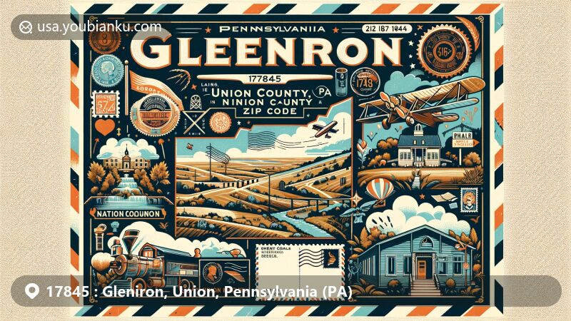 Vintage-style illustration of Gleniron, Union County, Pennsylvania, with ZIP code 17845, showcasing postal and regional elements, including landmarks and historical sites.