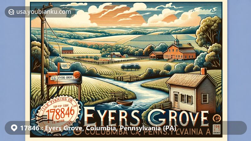 Modern illustration of Eyers Grove, Columbia County, Pennsylvania, showcasing postal theme with ZIP code 17846, featuring Little Fishing Creek and Columbia County outline.