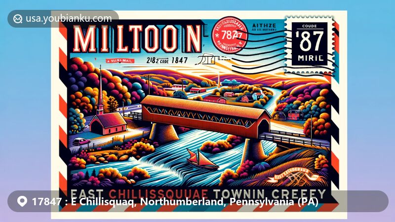 Modern illustration of Milton, Pennsylvania, representing ZIP code 17847, featuring Rishel Covered Bridge and Chillisquaque Creek on an air mail envelope with stamps and a postmark.