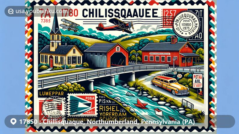 Modern illustration of Chillisquaque, Northumberland County, Pennsylvania, highlighting the historic Rishel Covered Bridge, Sodom Schoolhouse, and local elements like the Susquehanna River.