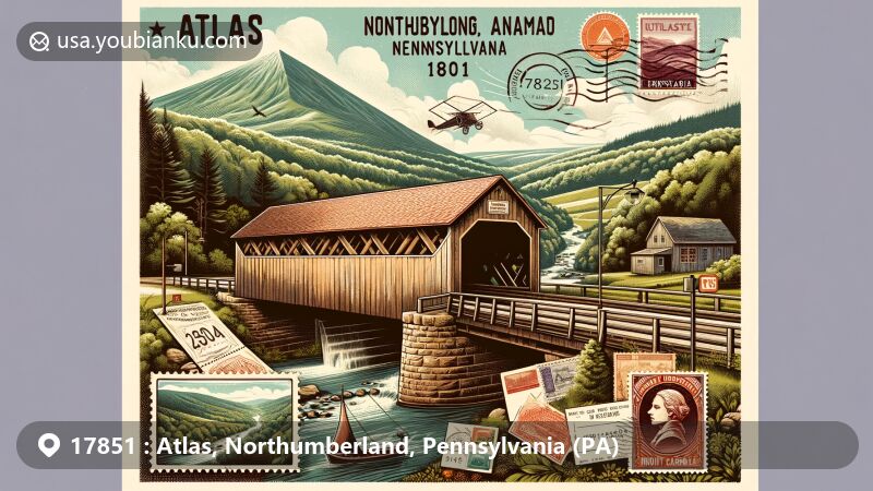 Modern illustration of ZIP code 17851 in Atlas, Northumberland, Pennsylvania, featuring Mount Carmel and Appalachian mountain scenery, with a vintage postcard overlay showcasing postal theme and historical landmarks.