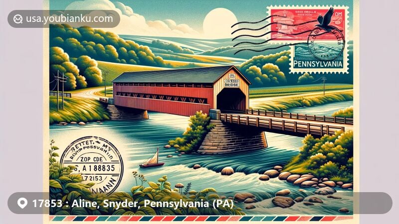 Modern illustration of Dreese's Covered Bridge in Aline, Snyder County, Pennsylvania, featuring postal theme with vintage air mail envelope, postage stamp, and postal mark for ZIP code 17853.
