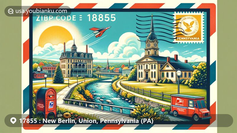 Modern illustration of New Berlin, Union County, Pennsylvania, with ZIP code 17855, featuring Penns Creek, the Old Union County Courthouse, and the New Berlin Presbyterian Church in a vibrant scene reminiscent of the borough's historical and natural beauty.