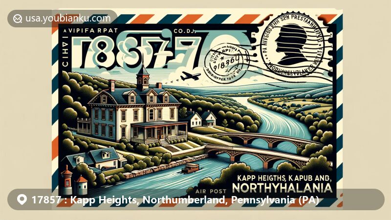 Modern illustration of Kapp Heights, Northumberland, Pennsylvania, inspired by ZIP code 17857, with a vintage airmail theme showcasing Susquehanna River and Joseph Priestley House.