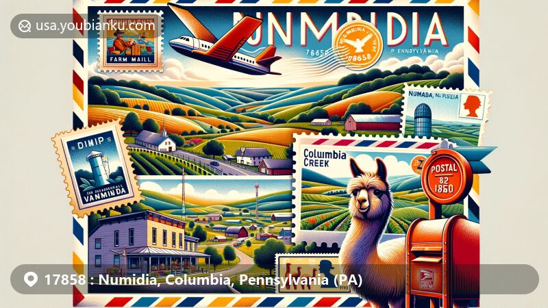 Modern illustration of Numidia, Pennsylvania, showcasing postal theme with Rohrbach's Farm Market, Bakery & Gift Shop and Columbia Creek Farm with alpacas, set against rolling hills and farmland backdrop.