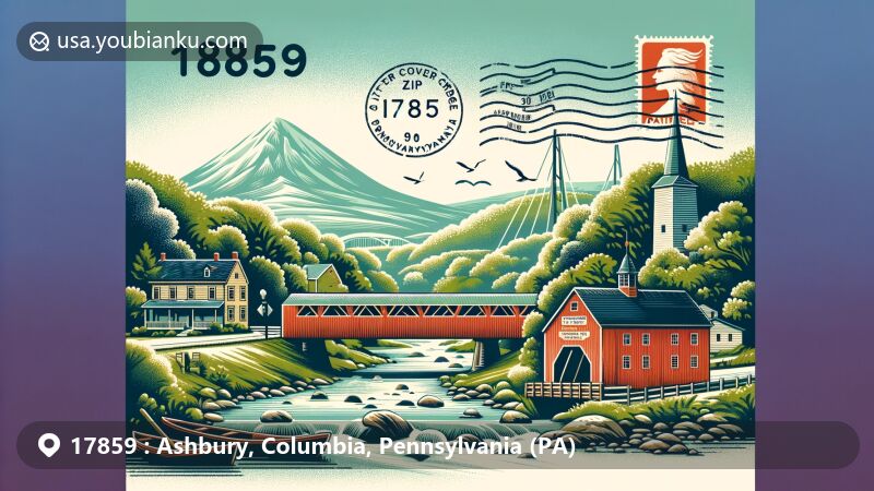 Modern illustration of Orangeville, Pennsylvania, centered around ZIP Code 17859, featuring postal theme with stamps, postmark, and iconic symbols like Patterson Covered Bridge No. 112, Fishing Creek, and Knob Mountain.