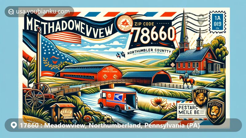 Modern illustration of Meadowview, Northumberland County, Pennsylvania, showcasing postal theme with ZIP code 17860, incorporating state flag and county outline, highlighting cultural landmarks like the Joseph Priestley House and Keefer Station Covered Bridge.