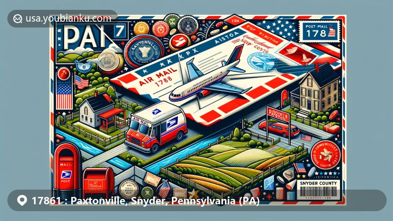 Modern illustration of Paxtonville, Snyder County, Pennsylvania, featuring air mail envelope with map, fields, trees, American postal symbols, stamps, postmarks, mailbox, mail van, letters, and American flag.