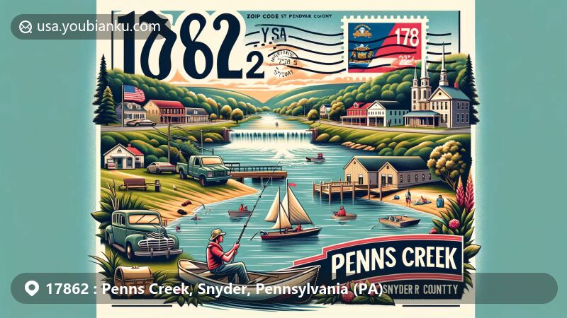 Modern illustration of Penns Creek, Snyder County, Pennsylvania, capturing the scenic view with fishing and boating activities, Pennsylvania state flag, and postal elements like vintage stamp and envelope, featuring ZIP code 17862.