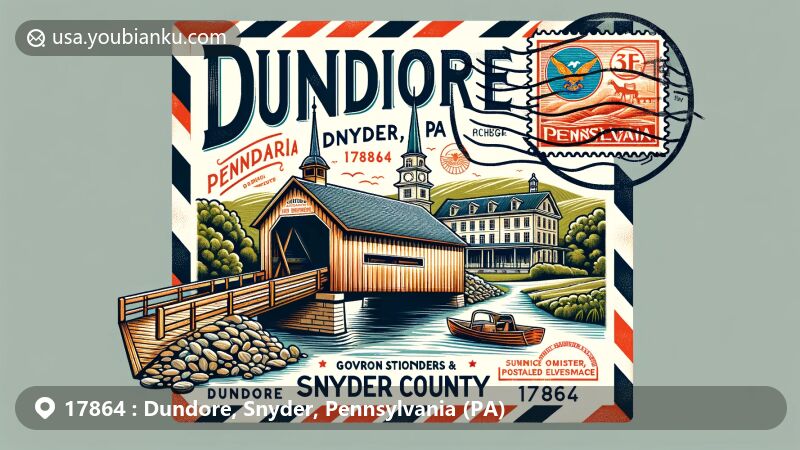 Vibrant illustration of Dundore, Snyder, Pennsylvania, with Dreese's Covered Bridge and Gov. Simon Snyder Mansion on a vintage airmail envelope, featuring PA state flag stamp and postmark 'Dundore, PA 17864', surrounded by Snyder County map outline.