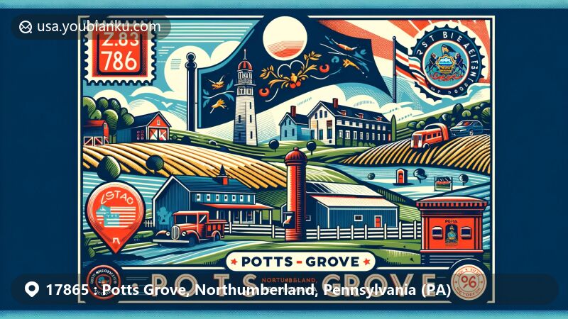 Modern illustration of Potts Grove, Northumberland County, Pennsylvania, highlighting regional characteristics with rolling hills and farmland, Pennsylvania state flag elements, vintage postage stamp, postal mark with ZIP code 17865, and stylized postal elements.