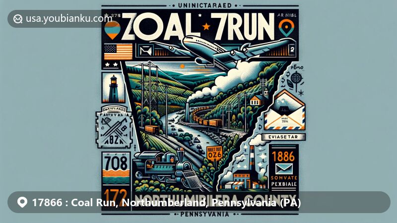 Modern illustration of Coal Run, Northumberland County, Pennsylvania, depicting postal elements like an air mail envelope, postage stamp, and ZIP code 17866, blended with coal mining heritage, natural surroundings, Pennsylvania state flag, and Northumberland County outline.
