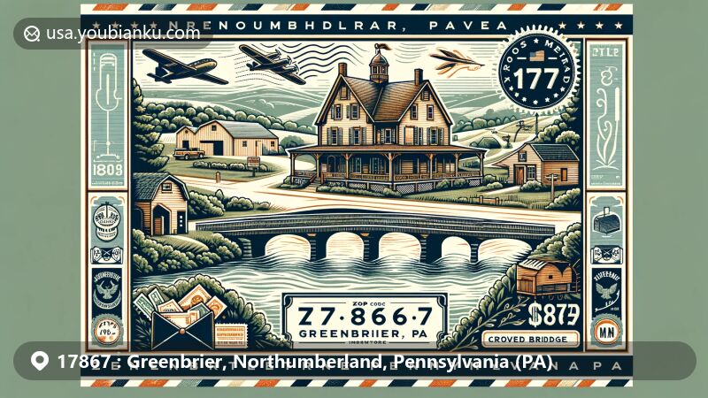 Modern illustration of Greenbrier, Northumberland, Pennsylvania, showcasing postal theme with ZIP code 17867, featuring Joseph Priestley House, Susquehanna River, and iconic covered bridges like Keefer Station and Lawrence L. Knoebel Covered Bridges.