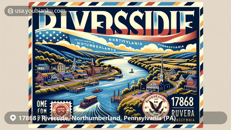 Modern illustration of Riverside, Northumberland County, Pennsylvania, showcasing postal theme with ZIP code 17868, featuring aerial view of Susquehanna River, Riverside welcome sign, Northumberland County outline, vintage postage elements, and iconic postal truck.
