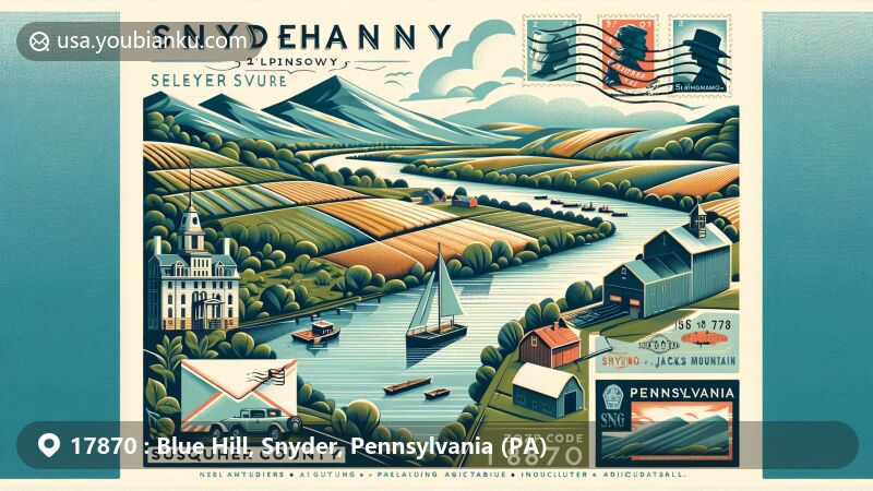 Modern illustration of Selinsgrove, Snyder County, Pennsylvania, highlighting postal theme with ZIP code 17870, featuring Susquehanna River, Shade Mountain, Jacks Mountain, and agricultural landscapes.
