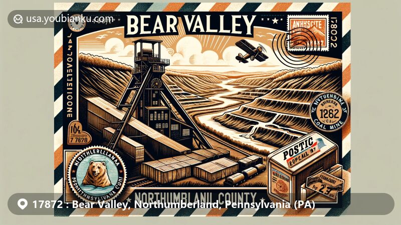 Modern illustration of Bear Valley, Northumberland County, Pennsylvania, featuring the abandoned anthracite strip mine and Llewellyn Formation fossils, complemented by vintage airmail envelope with Pennsylvania state symbols.