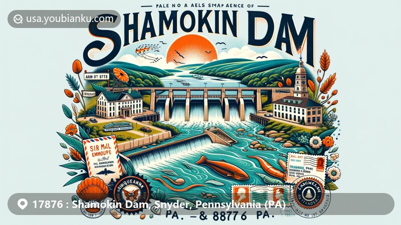 Modern illustration of Shamokin Dam, PA, featuring Susquehanna River and 'place of eels' significance, with postal elements like air mail envelope, stamps, and postmark (ZIP code 17876). Artwork highlights cultural and historical importance in commerce and transportation.