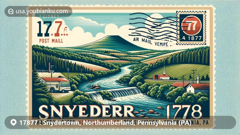 Modern illustration of Snydertown, Northumberland County, Pennsylvania, with ZIP code 17877, featuring Shamokin Creek, hilly terrain, forests, farmland, vintage postcard elements, and subtle Pennsylvania symbols.