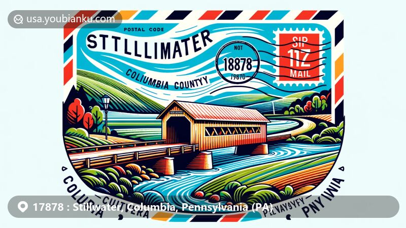 Modern illustration of Stillwater, Columbia County, Pennsylvania, highlighting the iconic Stillwater Covered Bridge No. 134 within a scenic representation of northeastern Pennsylvania, featuring postal symbols and ZIP code 17878.