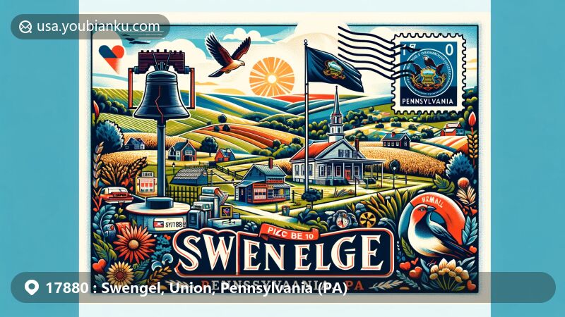 Creative postcard illustration of Swengel, Pennsylvania, ZIP code 17880, featuring state symbols like the flag and Liberty Bell, alongside rural landscape and local post office, reflecting the community's charm.