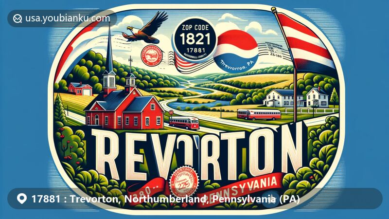 Modern illustration of Trevorton, Northumberland County, Pennsylvania, highlighting ZIP code 17881, featuring Pennsylvania Route 225 and classic postal elements in a vibrant postcard design.