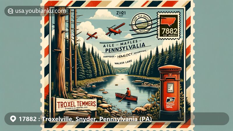 Modern illustration of Troxelville, Pennsylvania, highlighting natural beauty and landmarks like Tall Timbers and Snyder-Middleswarth Natural Areas, with Walker Lake for fishing and boating, all tied together with a postal theme.