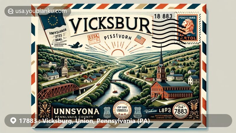 Modern illustration of Vicksburg, Union County, Pennsylvania, featuring ZIP code 17883, showcasing scenic landscape between Mifflinburg and Lewisburg along PA Route 45, incorporating Hayes Bridge, Lewisburg Historic District, and Millmont Red Bridge.