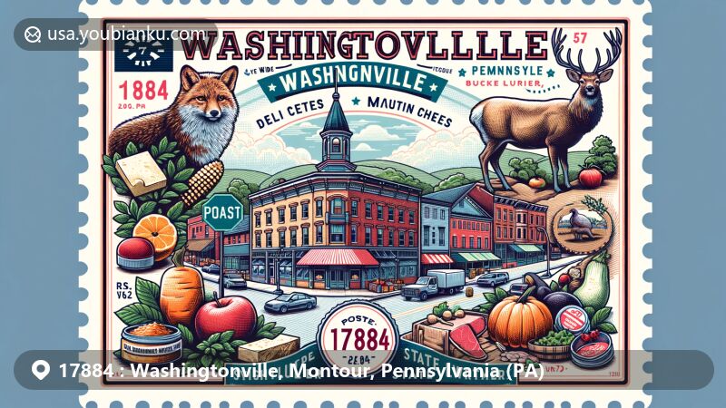 Modern illustration of Washingtonville, Montour County, Pennsylvania, highlighting landmark intersection of Routes 54 and 254, featuring Burkholder's Farm Market and symbols of Pennsylvania.
