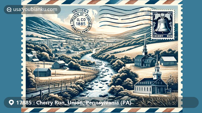 Modern illustration of Cherry Run, Union County, Pennsylvania, blending local charm with Pennsylvania landmarks and postal motifs, featuring Liberty Bell and Independence Hall.