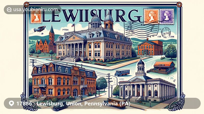 Modern illustration showcasing Lewisburg Historic District, Union County, Pennsylvania, highlighting notable architecture including Bucknell University, Union County Courthouse, U.S. Courthouse and Post Office, and Campus Theatre, with vintage postal themes and ZIP code 17886.