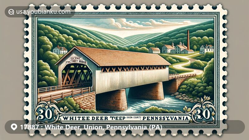 Modern illustration of Factory Bridge, a historic wooden covered bridge in White Deer Township, Union County, Pennsylvania, featuring King and Queen truss structure and 19th-century engineering.