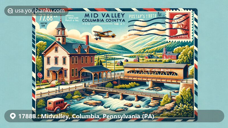 Modern illustration of Midvalley, Columbia, PA, featuring Wright's Ferry Mansion, Josiah Hess Covered Bridge No. 122, Patterson Covered Bridge No. 112, vintage postage stamp with ZIP code 17888, postal mark, and classic mailbox or vehicle.