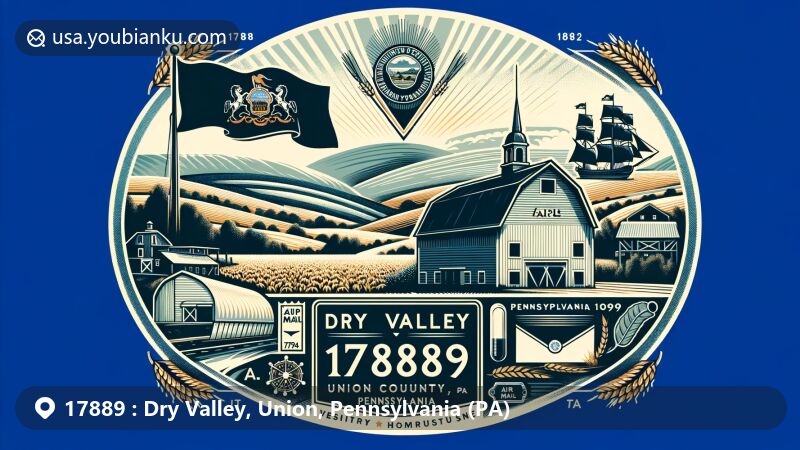 Modern illustration of Dry Valley, Union County, Pennsylvania, capturing rural and agricultural heritage, featuring iconic barn, Union County and Pennsylvania symbols, including state flag and coat of arms, with plow, ship, and sheaves of wheat, keystone shape for Keystone State, vintage postal elements, and ZIP Code 17889.