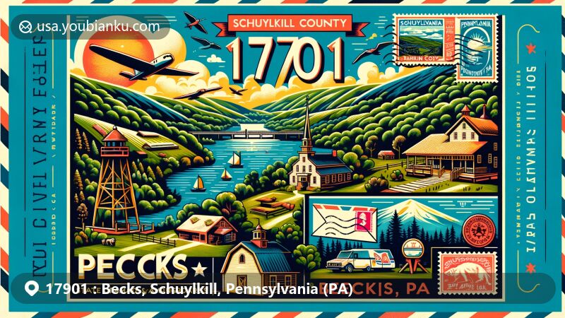 Modern illustration of Becks, Schuylkill County, Pennsylvania, with ZIP code 17901, portraying scenic landscape and outdoor venues like state parks and the Appalachian Trail, featuring Hawk Mountain Sanctuary and Sweet Arrow Lake County Park.