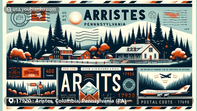 Modern illustration of Aristes, Pennsylvania, featuring natural landscapes, historical elements, and a postal theme, including representations of the forested surroundings, Red Tavern, United Airlines Flight 624 crash, vintage postcard, air mail envelope, ZIP Code label, postal stamp, and postmark.