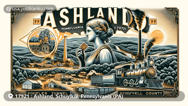 Modern illustration of Ashland, Schuylkill County, PA, showcasing key landmarks and cultural elements, including Whistler's Mother Statue and Pioneer Tunnel Coal Mine, with a backdrop of northeastern Pennsylvania landscape.