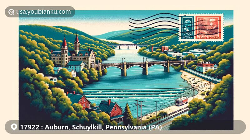 Modern illustration of Auburn, Pennsylvania, blending natural beauty and postal elements, showcasing Schuylkill River and restored Auburn SRT Bridge, reflecting the town's significance in nature and history, featuring postcard layout, stamps, postal mark with ZIP code '17922', and envelopes.