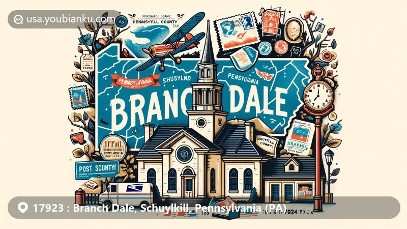 Modern illustration of Branch Dale, Schuylkill County, Pennsylvania, showcasing postal theme with ZIP code 17923, blending county outline, state symbols, postcard, stamps, and postmark.