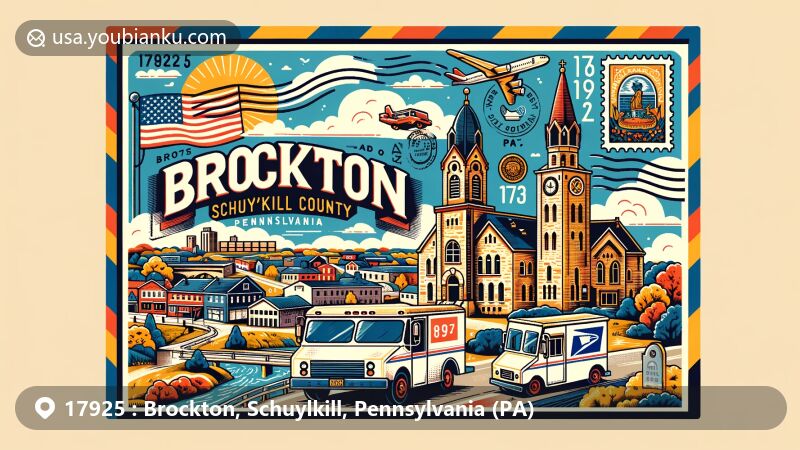Modern illustration of ZIP Code 17925 in Brockton, Schuylkill County, Pennsylvania, showcasing a vibrant wide-format postcard with state flag, county outline, Brockton War Memorial, churches, stamps, postmark, and vintage postal truck.