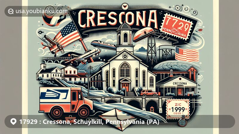 Creative depiction of Cressona, Pennsylvania, with postal theme showcasing ZIP Code 17929, including St. Mark's UCC, Cressona Post Office, vintage air mail envelope, postage stamp, postal truck, Pennsylvania state flag, and Schuylkill River.