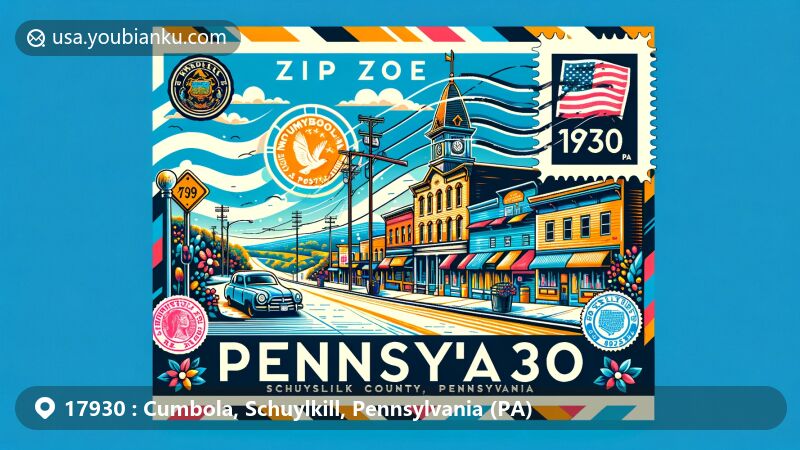 Modern illustration of Cumbola, Schuylkill County, Pennsylvania, highlighting postal theme with ZIP code 17930, featuring Market Street and iconic Pennsylvania symbols.