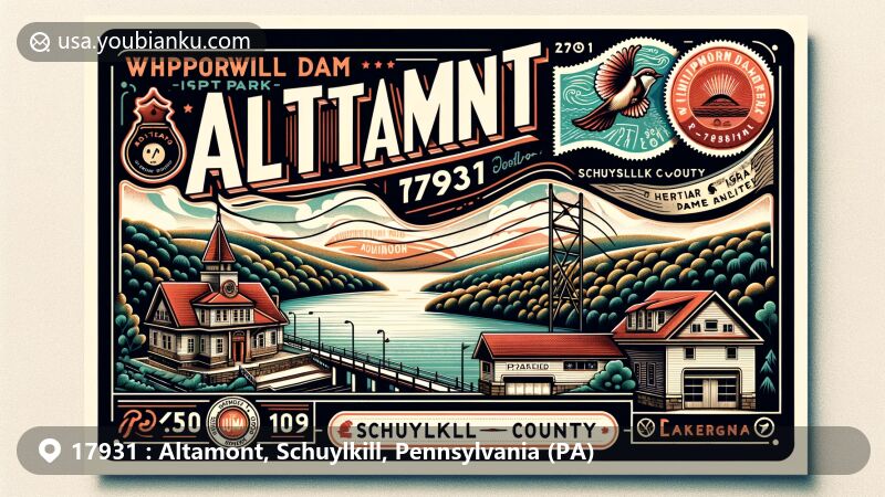 Artistic rendition of Whippoorwill Dam Park, Altamont, Schuylkill County, Pennsylvania, in vintage postcard style with postal theme and ZIP Code 17931.