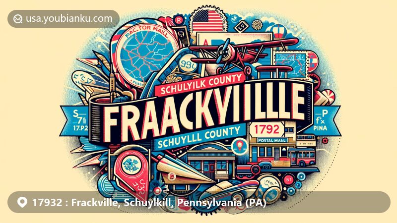 Modern illustration of Frackville, Schuylkill County, Pennsylvania, showcasing postal theme with ZIP code 17932, featuring vintage air mail envelope, postage stamps, and postal mark integrated with geographical elements.
