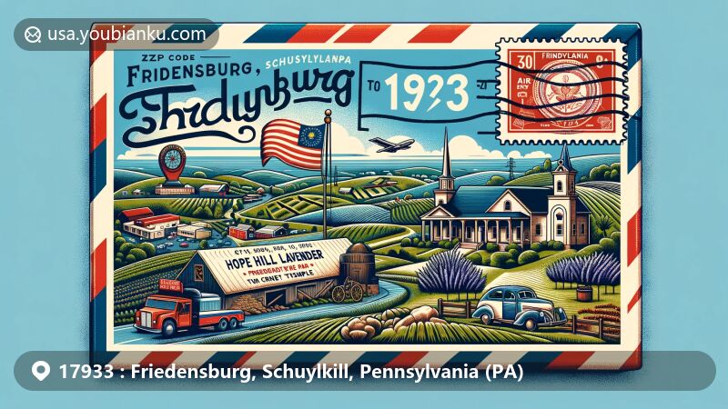 Modern illustration of Friedensburg, Schuylkill County, Pennsylvania, resembling vintage air mail envelope with Pennsylvania state flag, Schuylkill County outline, and landmarks like Hope Hill Lavender Farm, Vraj Hindu Temple, and Cricket Slope Farm.