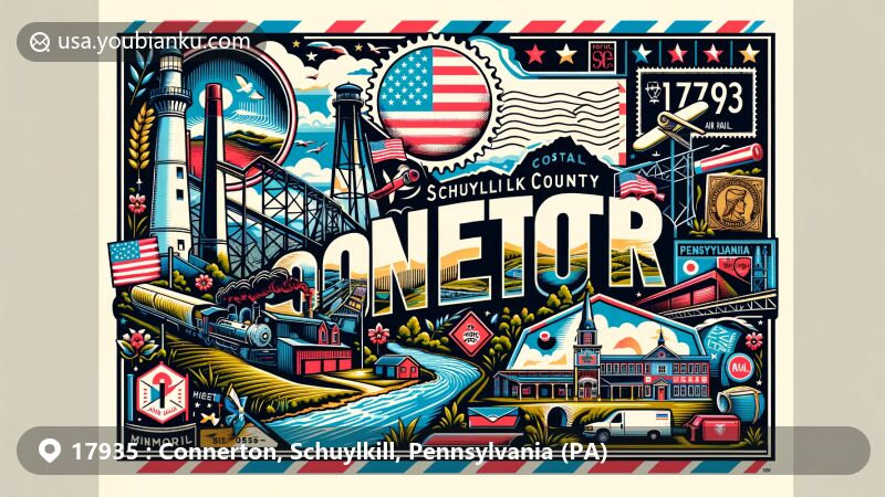 Modern illustration of Connerton, Schuylkill County, Pennsylvania, highlighting local and postal elements with ZIP code 17935, featuring Schuylkill County's geographical contour, Pennsylvania state flag, and symbols of coal mining heritage.